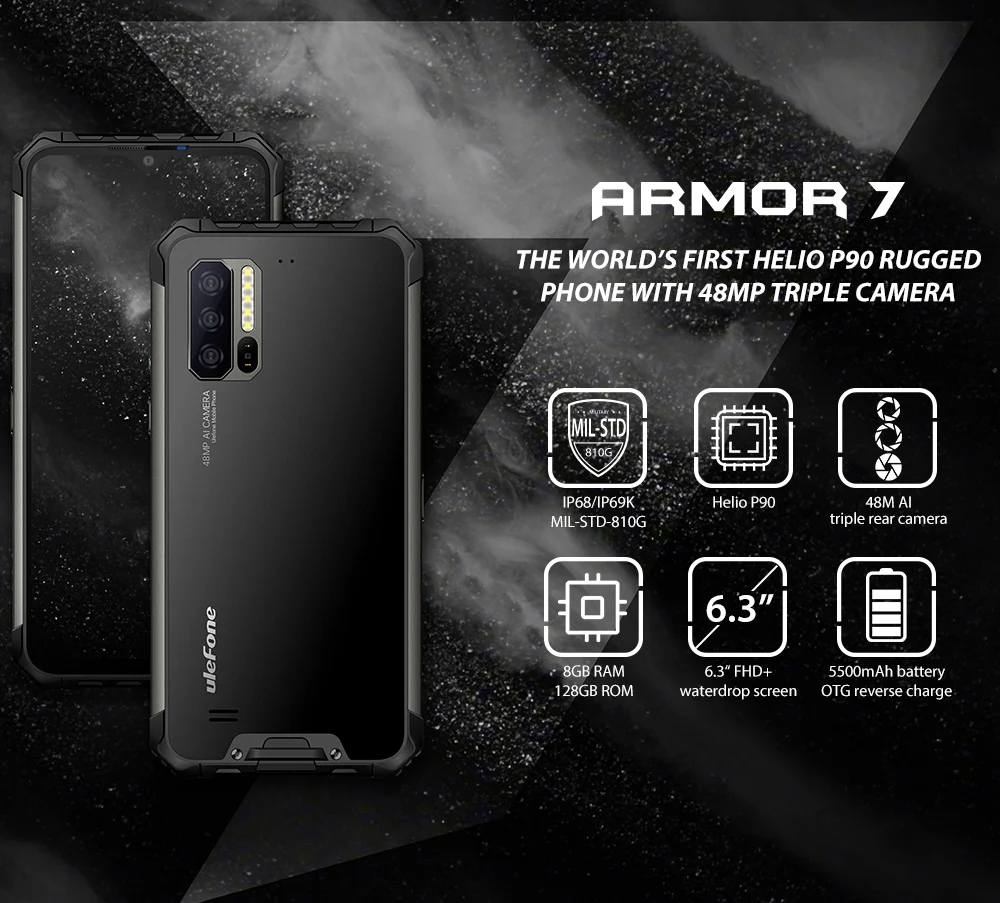 Смартфон Ulefone Armor 7 IP68, трекер сердечного ритма, Android 9,0, NFC Helio P90, четыре ядра, 6,3 дюйма, 8 ГБ+ 128 ГБ, 48MP, 4G, 5500 мАч, телефон