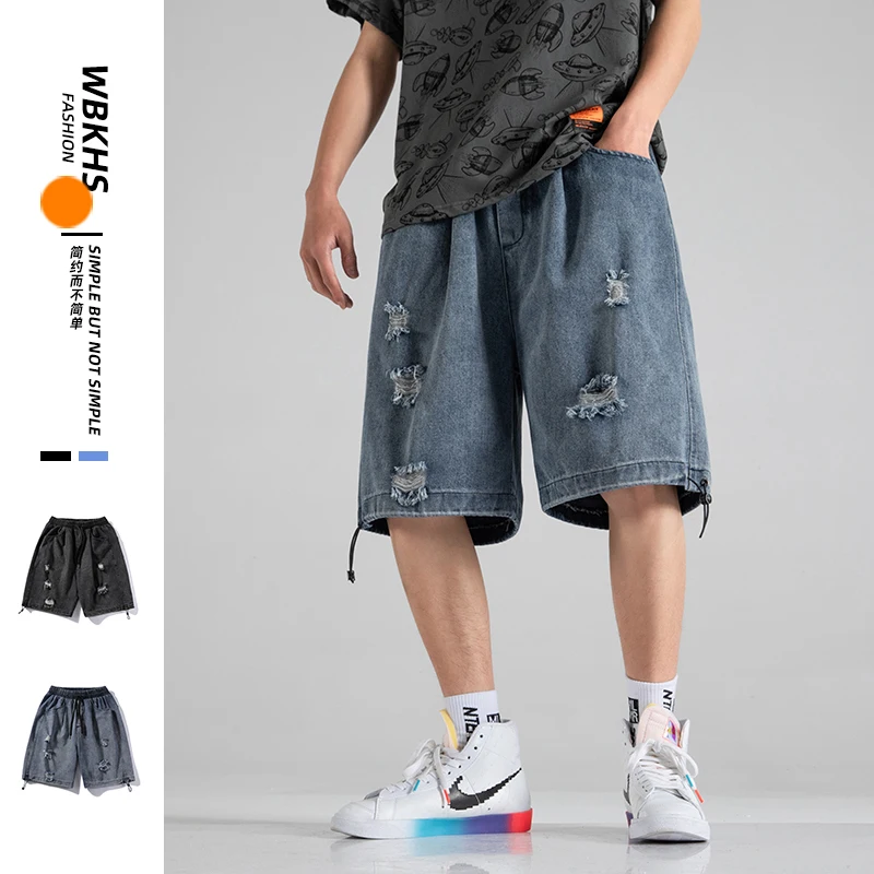 

2021 Summer Men Ripped Jeans Knee Length Pants Fashion Loose-Fitting Shorts