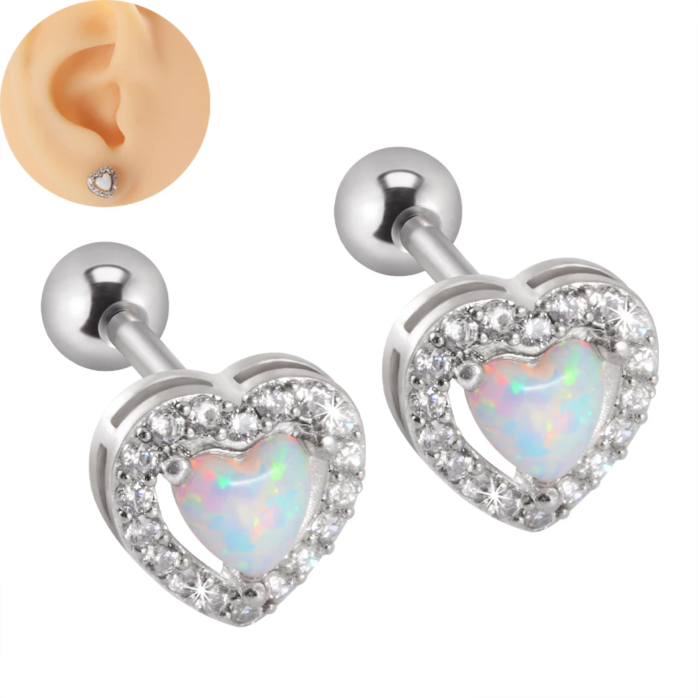 Серьги-гвоздики ушной хрящ браслет с сердцем из опала 1 шт. 16 г цвет белый штанга