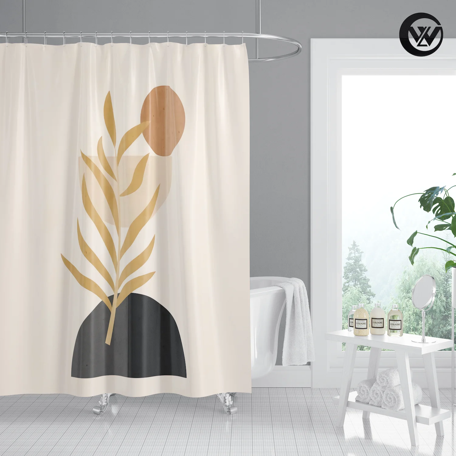 Creative Geometric Leaves Design Polyester Nordic Bathroom Bathtub
Curtain, Custom Extra Long Fabric Kids Bath Shower Curtain