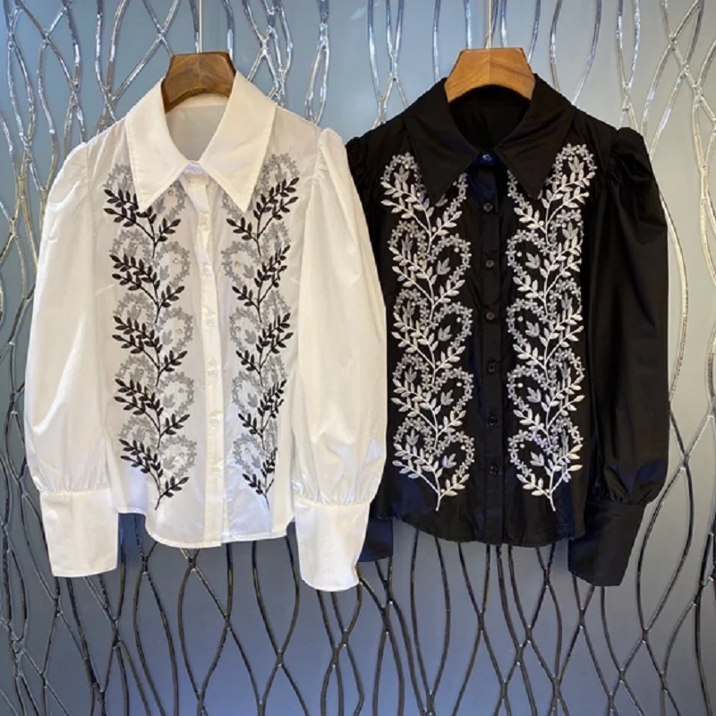 

Cotton High Quality Blouses 2021 Spring Summer Black White Shirt Women Turn-down Collar Exquisite Embroidery Shirt Tops Ladies