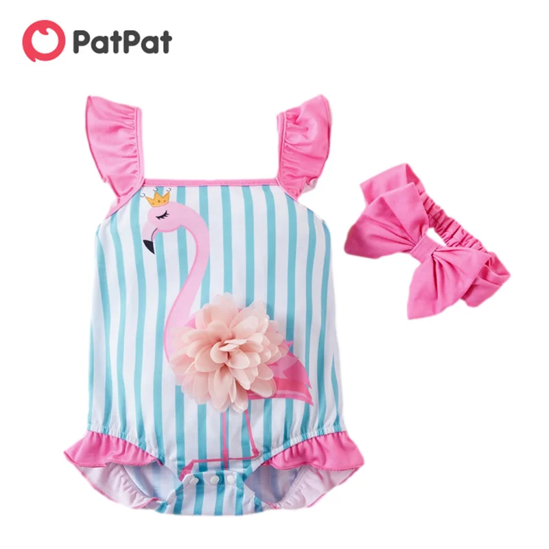 

PatPat 2021 New Arrival 2pcs baby girl sling Flamingo Striped Romper