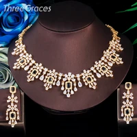 threegraces luxury bridal wedding jewelry sets black cubic zirconia gold color long chandelier earring necklace for brides tz601