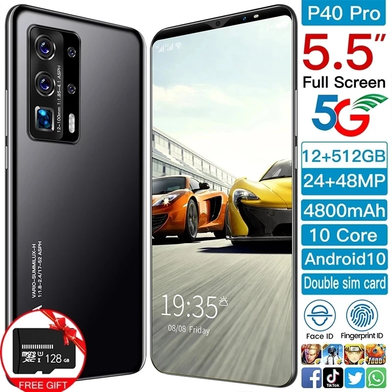 

2021 P40 Pro 5.5 Inch Fingerprint Face ID 4800mAh Andriod 10.0 Dual SIM Mobile Phones 10 Core 24+48MP MTK6763 Mini Smart Phone