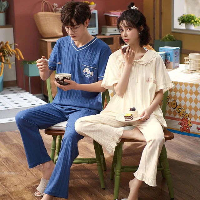 

Couple Pajamas Set Summer Men And Women Cotton Short Sleeve Pajamas Casual Lover Homewear Cartoon Little Bears Print Sleepwear