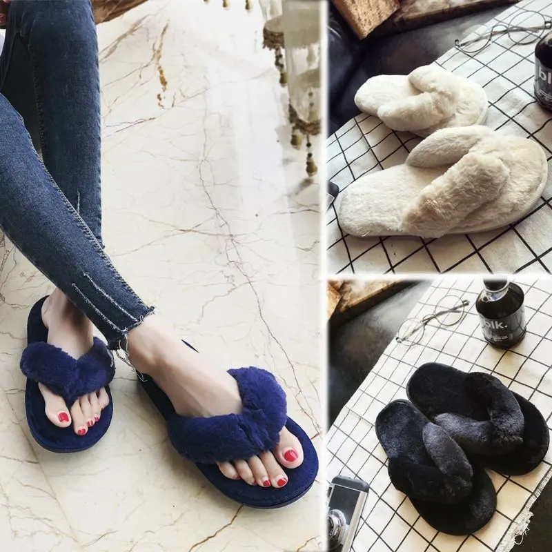 

Faux Fur Home Slippers Fluffy Women Slides Comfort Furry Flat Sandals Female Plush Slippers Shoes For Woman Indoor Flip Flops