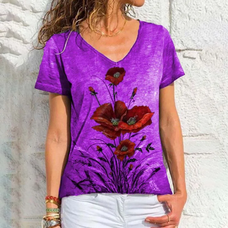

Summer Short Sleeve Floral Print T-shirt Women Clothes Vintagev Neck Tops Casual Loose Streetwear Plus Size Ladies Tee Shirts