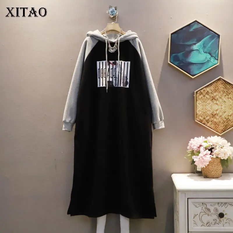 

XITAO/повседневное Свободное платье с буквенным принтом; Платье-свитер с капюшоном и воротником; Новинка 2021 года; Сезон осень-зима; WLD6545