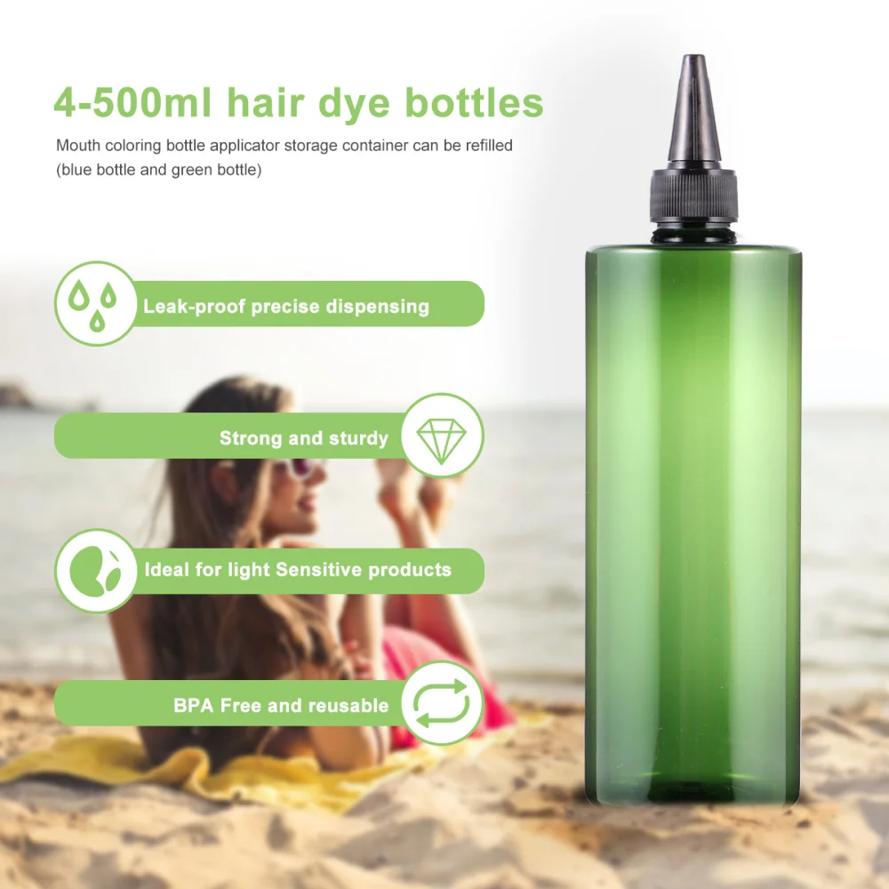 

4pcs 500ml Hair Dye Bottle Pointed Mouth Hair Color Bottle Applicator Storage Container Refillable Bottles (Blue Bottle and Gree