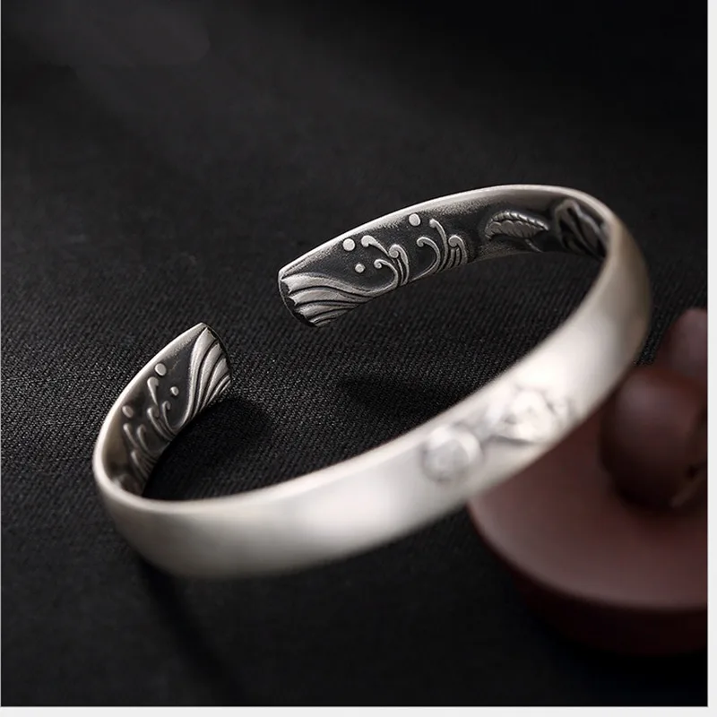 

Real 999 Fine Silver Bangle Holy Buddhism Lotus Bangles for Believers Women Vintage Handmade Jewelry China Style Bijoux