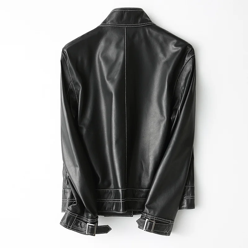 Кожаная женская мотоциклетная куртка из натуральной овечьей кожи короткая на