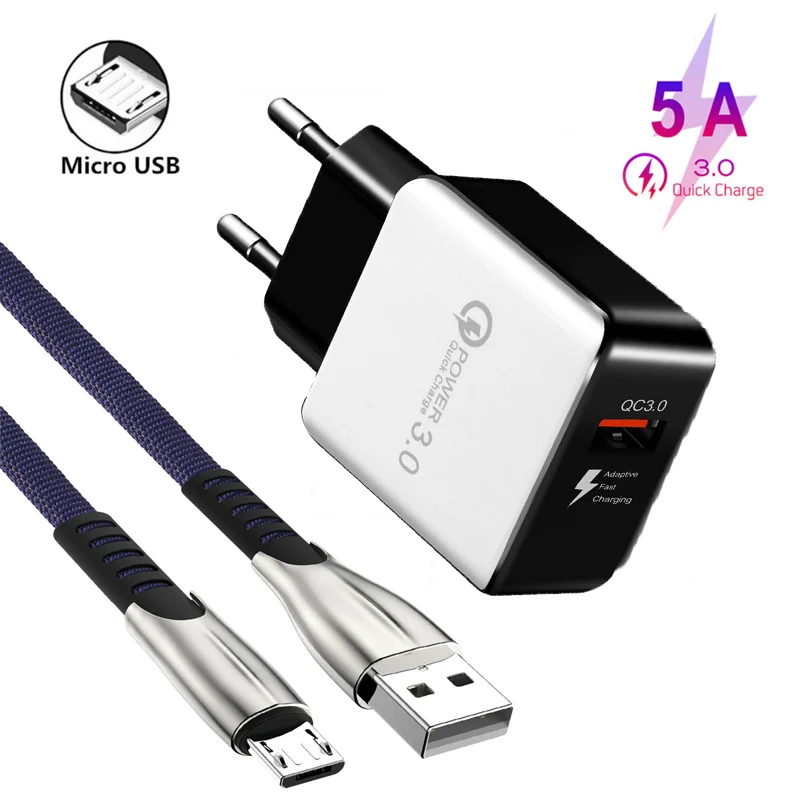 

QC 3.0 Fast Charger Adapter 5A Micro USB Cable For Huawei P8 P9 Lite Y5 Y6 Y7 Y9 2018 Honor 6 7 LG G3 G4 18W EU Plug USB Charger