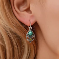natural blue stone pendant carving hollow yellow green retro silver plated zircon women dangle earrings drop earrings