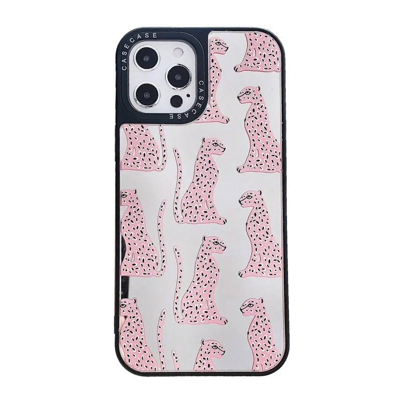 

Pink leopard Phone Case for iPhone 12 mini SE 7 8 Plus X XS Max XR 11 pro Max mirror Hard shell Cover with Black Len Frame