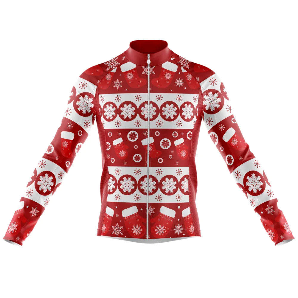 

2022 New Christmas Men's Cycling Jersey Summer Autumn Winter Fleece Snowflake Print Long Sleeve Cycling Jersey Red Riding Wear