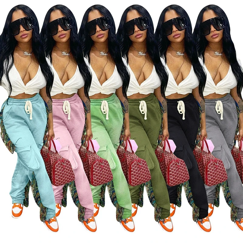 Women Solid Side Tassel Patchwork Long Trousers High Waist Sporty Jogger Sweatpant Workout Pant Biker Pocket Drawstring Legging