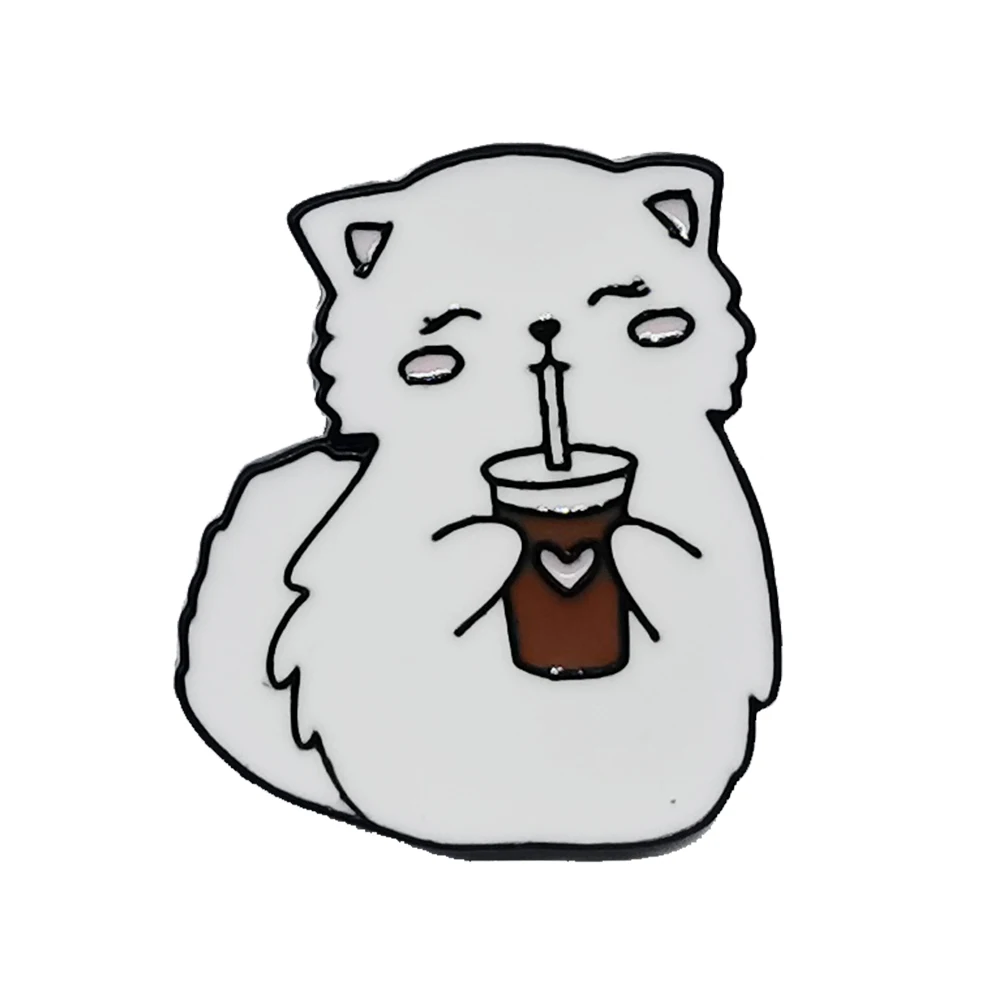 Брошь с милым рисунком животного, черный металл, эмаль, кошка пьет из чашки, размер около 0,9 * 0,8 дюйма, вес "3,3 грамма".