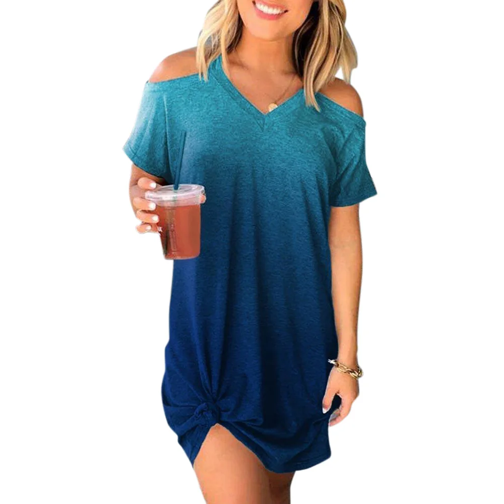 

Tie Dye Women Off Sholder T-shirt Dress Summer Casual V-neck Short Sleeve Tshirt Dress Losse Hollow Out Female Fashion Dress