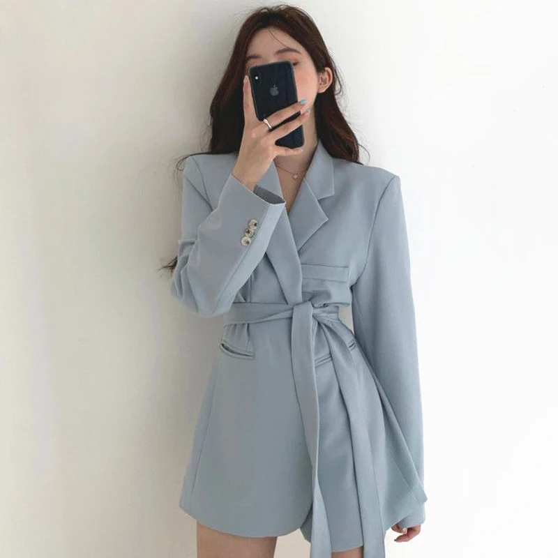 

Korean Elegant French Suit Jacket Women Casual V-neck High Waist Slim Double Pocket Loose Suit Femme Blue Black Tops Blazer