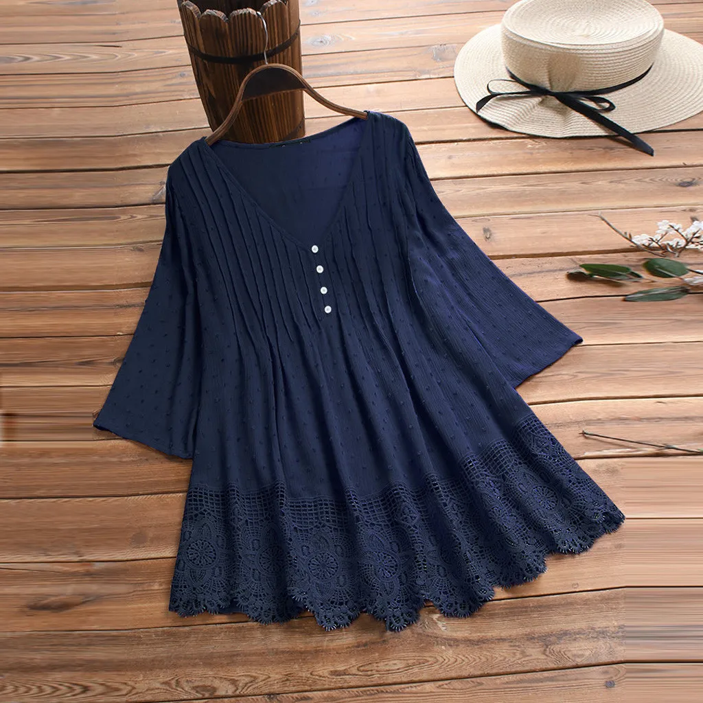 Женская винтажная блузка из хлопка и льна кружевной топ с оборками три четверти v