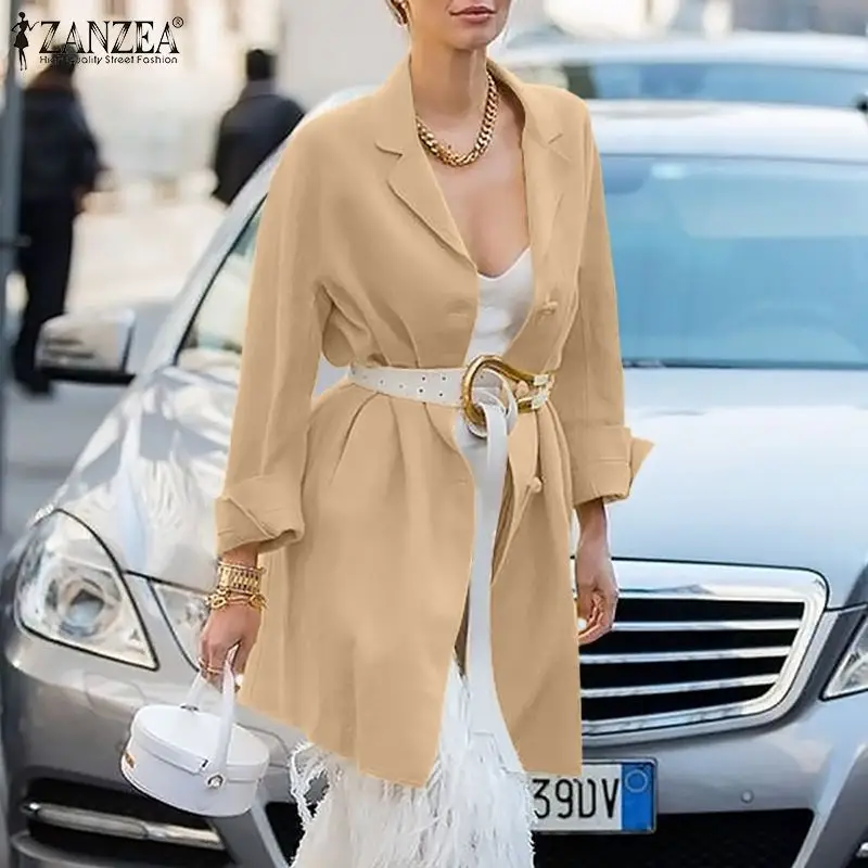 

ZANZEA Solid Lapel Cardigan Women Stylish Blazer 2021 Autumn OL Cotton Coat Fashion Oversize Office Jackets Female Loose Outwear