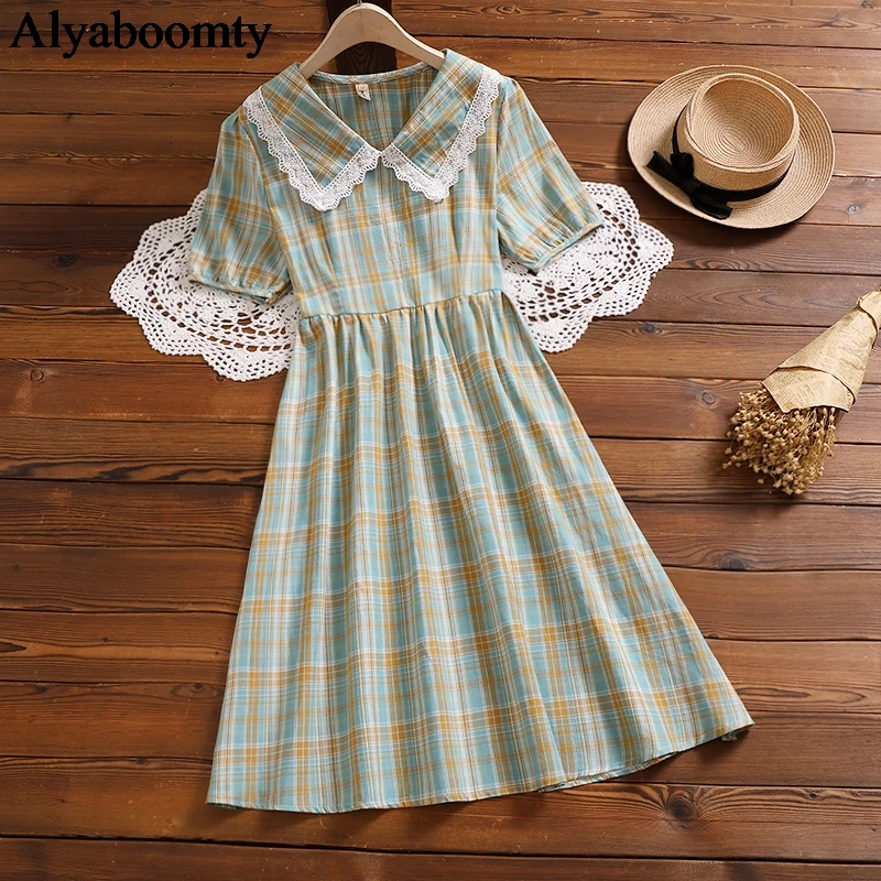 Летнее японское платье девушки Мори квадратный воротник контрастный цвет