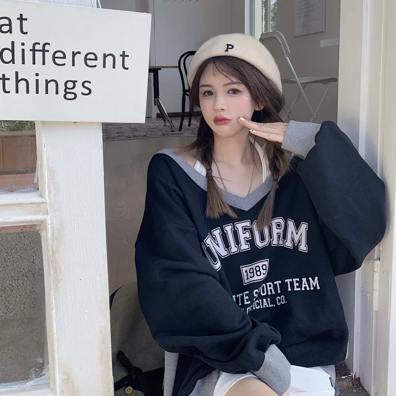 

Women Autumn Korean Black Printed Sweatshirt Long Sleeve Y2k Chic Hooded Spring Special Student Women New Loose Hoodies