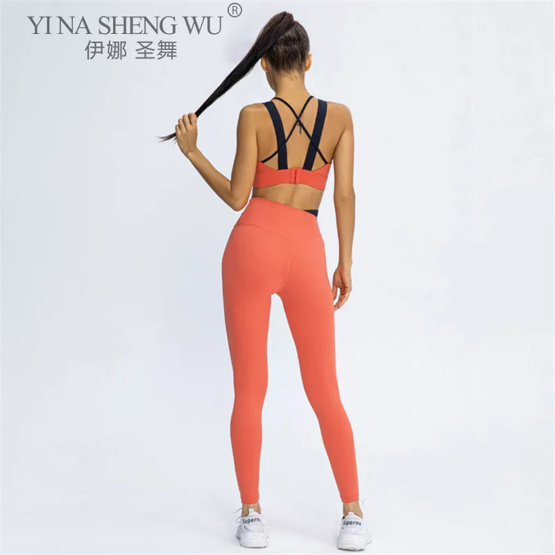 

Naked-Feel Yoga Sets Sports Leggings Back Cross ShockProof Bras Gym Run Workout Clothing Fitness Tracksuits Sportswear 2PCS Suit