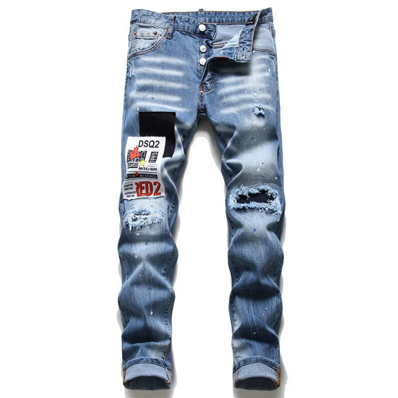 

2021 New Blue Brand Paint Ripped Holes Wild Personality New Jeans Men's Bottom Denim Pants Pocket Zipper Labeling Casual Street
