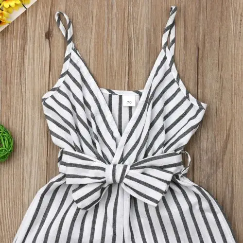 

Newborn Baby Kid Girl Striped Strap Romper Sunsuit Bow Outfit Babies Casual Summer Beach Lovely Clothes