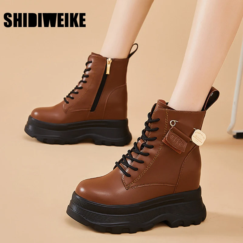 

Короткие женские ботинки, новая зимняя однотонная женская обувь, тонкие однотонные женские ботинки, дышащие увеличивающие рост ботинки на ...