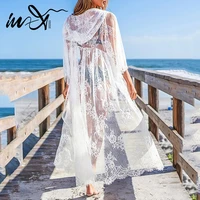 in x sexy lace beach dress hooded long kaftan kimono transparent swimsuit cover ups white beach wear bathing suit cover up new