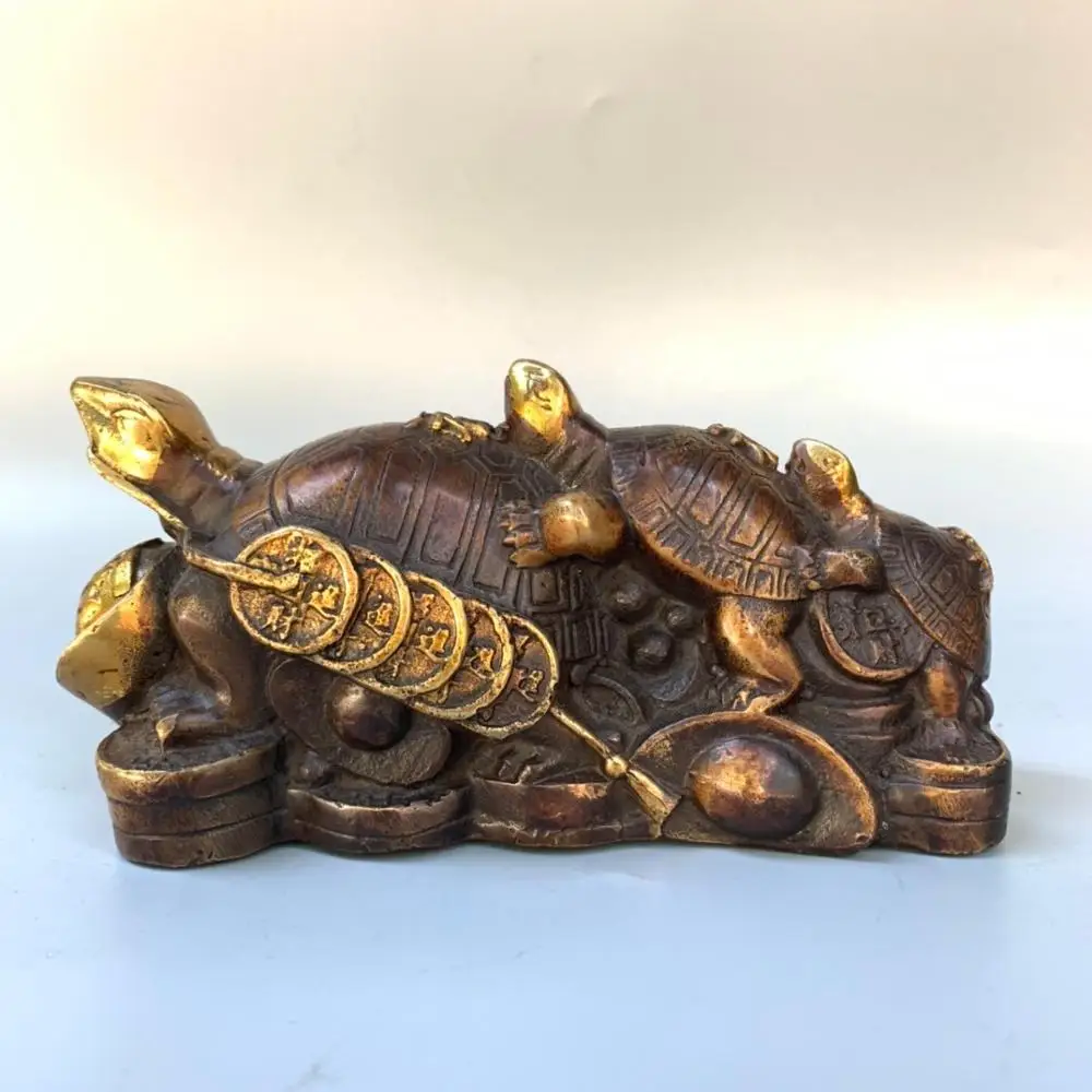 

wedding decoration Bronze gilt gold fulu shou character three turtle statue Bless the generations of wealth and wealth
