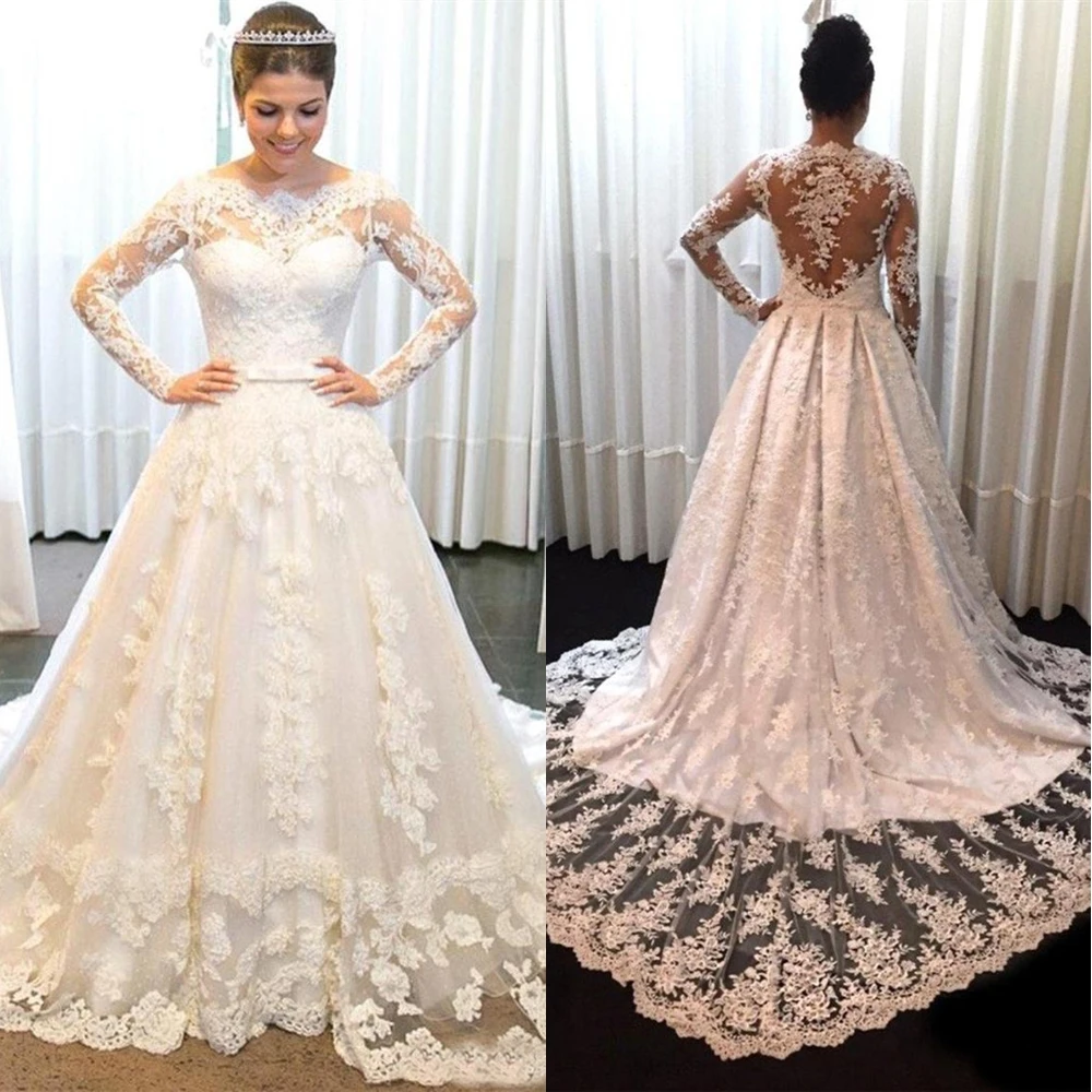 

Sexy V-neck A-line wedding dress Robe De Mariee Vestido De Noiva elegant beaded lace applique wedding dress long