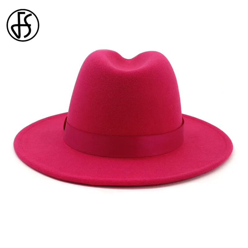 FS женская розовая шерстяная фетровая шляпа для джаза Fedora модная Trilby с широкими