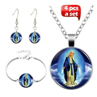 virgin mary glass cabochon pendant necklace stud earrings bracelet bangle set totally 4 pcs jewelry set for womens fashion