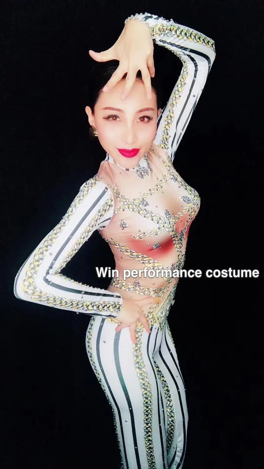 Блестящий Комбинезон AB Стразы модный сексуальный большой эластичный