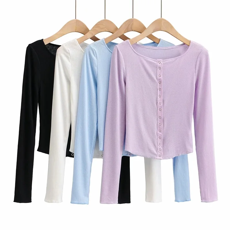 

XUXI Women Button Top Translucent Sexy Autumn Long Sleeve T-shirt Knitted Top Summer 2021 E898