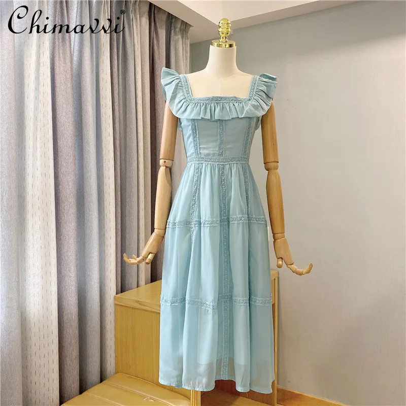 

Elegant High-end Vintage Dresses 2021 Summer French Style Vacation Square Collar Women Dress High Waist Slimming Fresh Dress