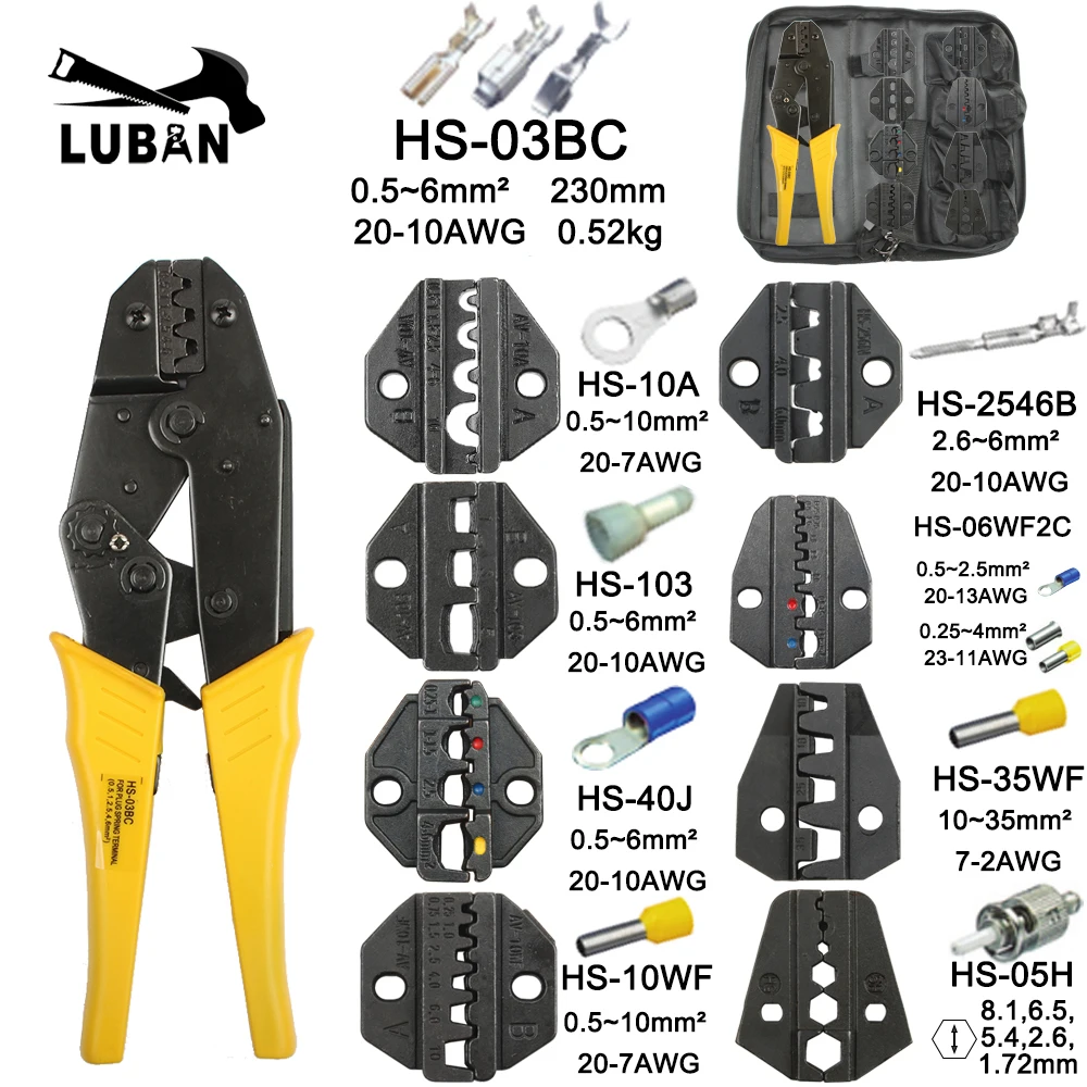 HS-03BC 8 jaws BAG LUBAN HS-03BC обжимные плоскогубцы Multi Tool 0,5-6mm2 руководство ручные многофункциональные инструменты 0,5 до 6,0 mm2 AWG 16-10 обжимной инструмент - Цвет: HS-03BC 8 jaws BAG