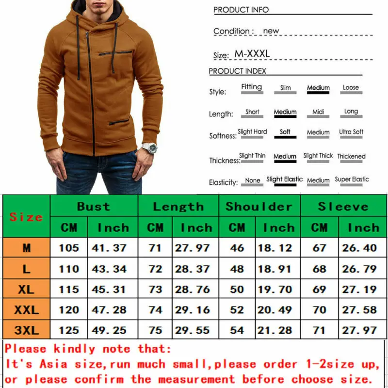 

Men's Hoodie Warm Hooded Sweatshirt Coat Tops Jacket Outwear Zip Up Jumper Sweater