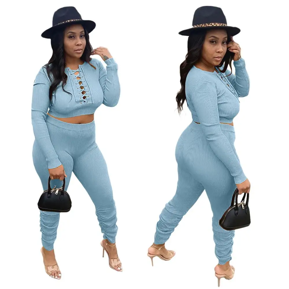 

PING ZHAO Autumn Winter Ribbed Sweatsuit 2 Piece Set for Women Fitness Outfit Lace Up Sweater Tops + Ruched Pants Set Trac
