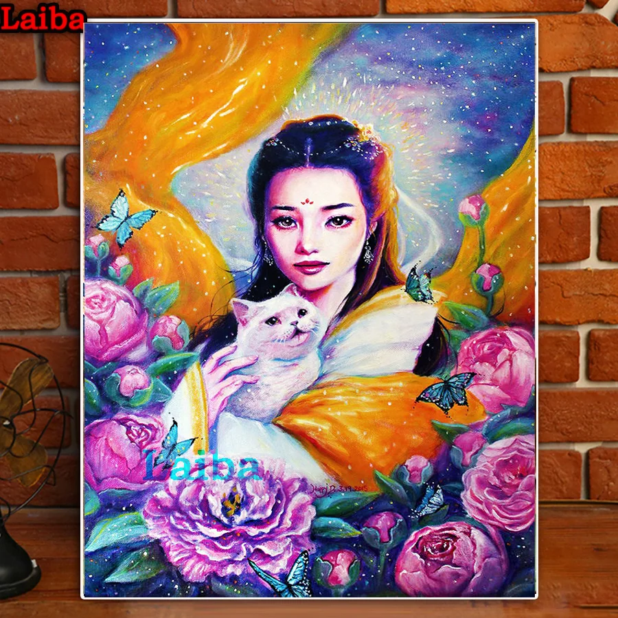 

Картина из квадратных круглых страз с изображением женщины, обнимающей кошки, вышивка крестиком, узор для вышивки, настенное украшение
