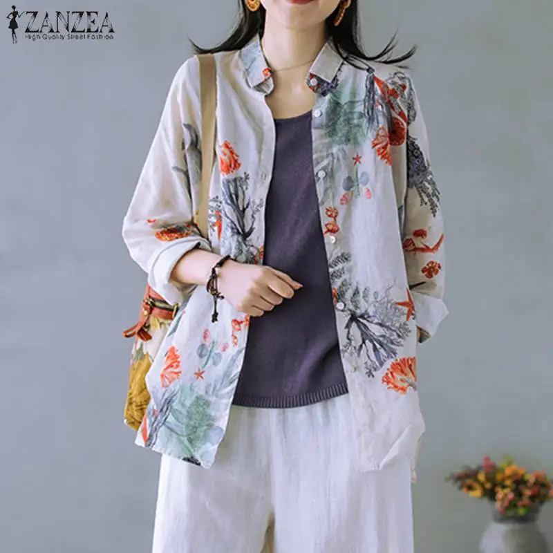

ZANZEA Women Lapel Neck Long Sleeve Blouse Autumn Vintage Floral Printed Shirts Female Work Blusas Tunic Chemise Casual Tops