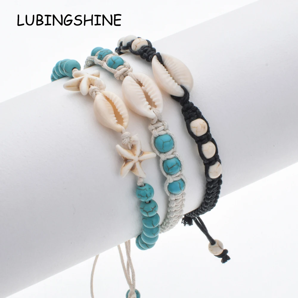 

3pcs/lot Natural Stone Shell Starfish Bracelets Braided Adjustable Rope Chain Bracelet Anklet Wristband Handmade Beach Jewelry