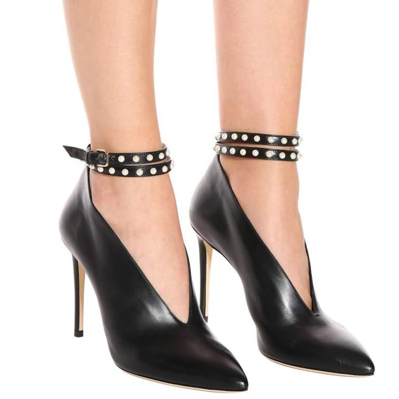2019 Демисезонный женские туфли лодочки с острым носком сплошные заклепки высокие