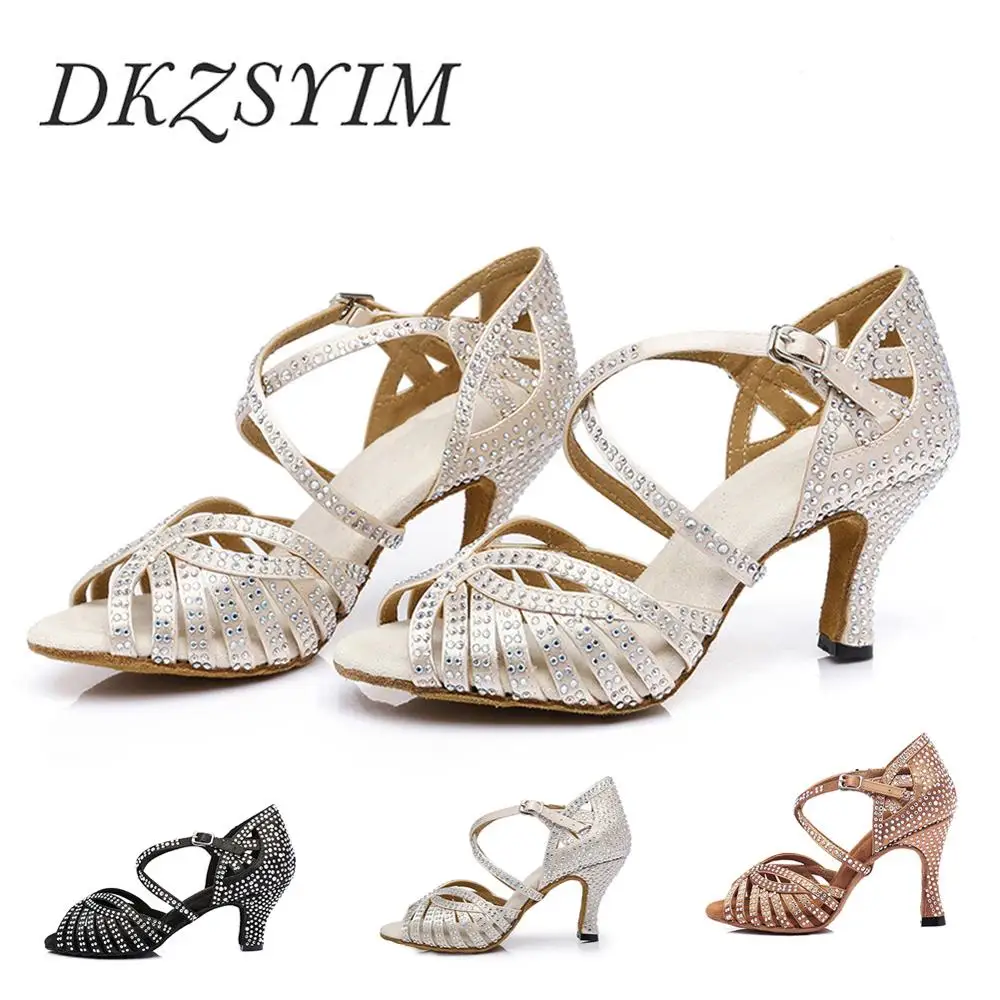 DKZSYIM танцевальная обувь для латинских танцев Для женщин сатин Стразы сверкающие