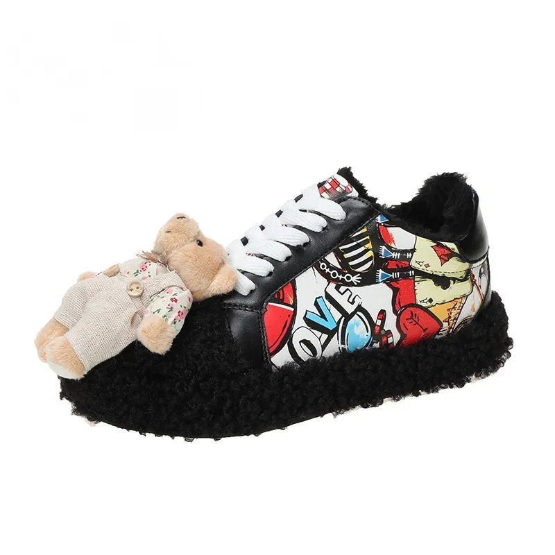 

Womens Round Toe Printed Bear Faux Fur Lace Up Warm Winter Sneakers Flats Shoes Girls Cute Lolita New 2022