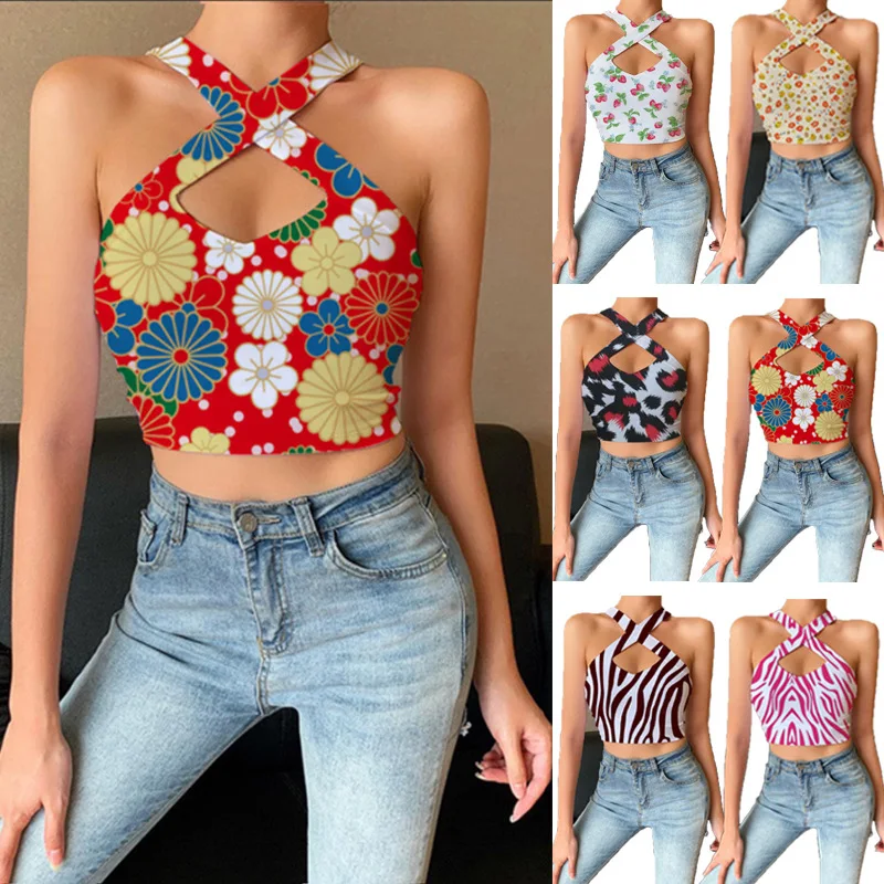 

European And American Women Summer New Ins Fashion Printed Top Sexy Vest Cross Neck T-shirt Woman Short Top Hollow Tank