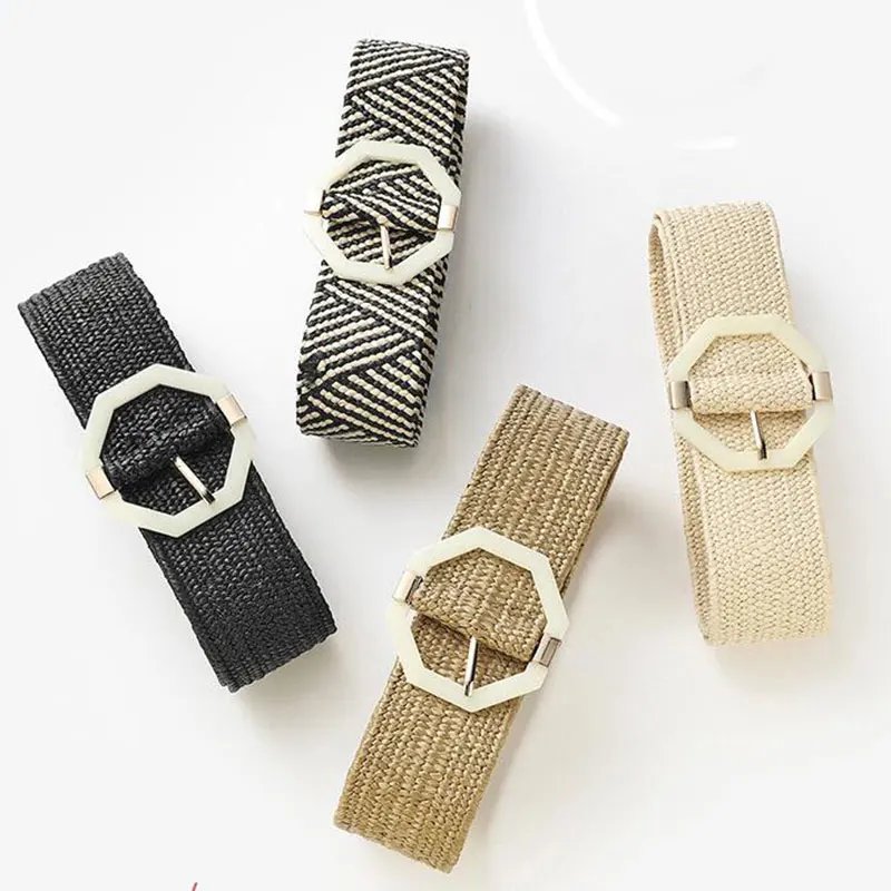 

Vintage Female Belt Boho Braided Waist Belt PP Straw Weave Belt Octagon Buckle Wide Belt Jeans Dress Decorative Waistbands 2021